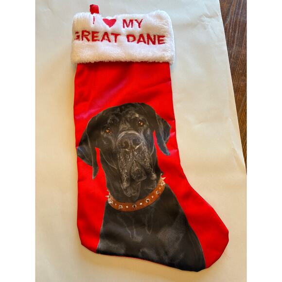 I LOVE MY GREAT DANE CHRISTMAS STOCKING  EMBROIDERED CUFF ~GREAT GIFT~ - Picture 1 of 6
